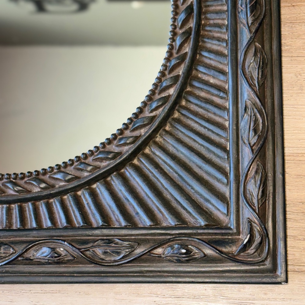 Square Dark Wood Sunburst Wall Mirror Ornate Leaf Vine Frame 14x14 Round Center - Picture 7 of 12